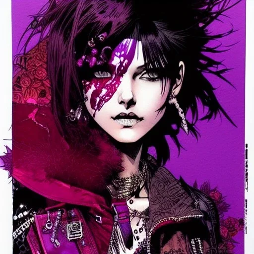 beautiful punk girl, smiling, hyper detailed, hyperdetailed, intricately detailed, purple tones, darkred tones, illustration by <asaf hanuka> <Yoji Shinkawa>,