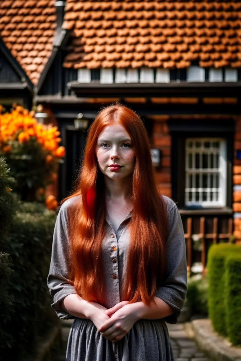 Full body and headshot of a slim young woman with long straight red hair, standing in front of a row of cottages and shops with thatched roofs