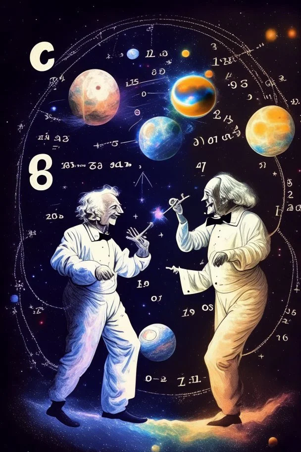 Albert Einstein and Richard Feynman playing with numbers & atoms in outerspace with planets, cosmic gas, stars, moons, and comets dancing around them