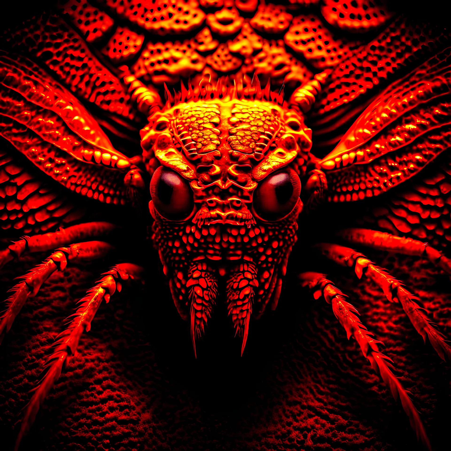 A national geographic award skin color patterned like a poisinous incect or reptile, horrorcore, science gone crazy, winning photograph of of a bat spider housefly hybrid in nature and on the hunt, 64k, reds, oranges, and yellows anatomically correct, 3d, organic surrealism, dystopian, photorealisitc, realtime, symmetrical, clean, 4 small compound eyes around two larger compound eyes, surrealism telephoto dynamic lighting 64 megapixels Unreal Engine volumetric lighting VRay