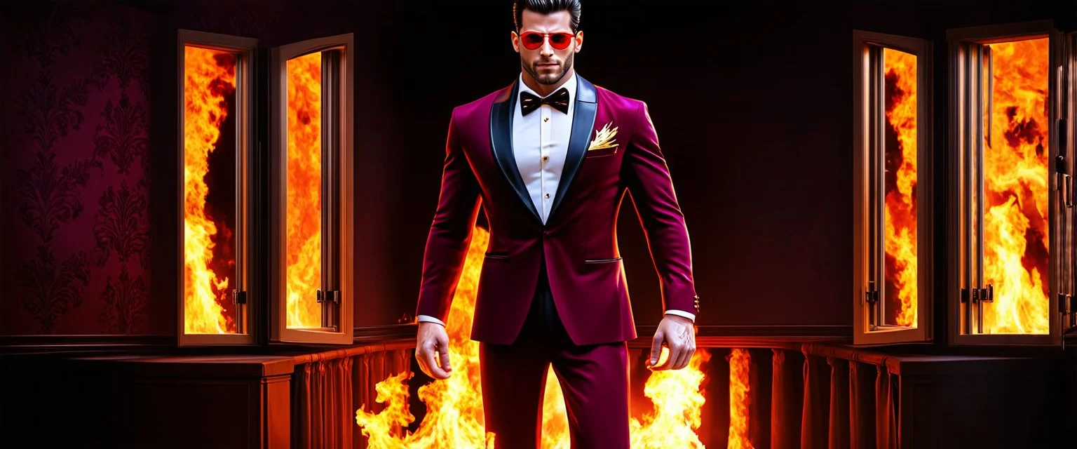 Hyper Realistic Photographic-Silhouette View of a handsome muscular Fire-Superhero wearing long-fancy-Maroon-tuxedo with-golden-flame-patterns on it & wearing fancy-red-sunglasses with flame-embers-around-him & standing on a vintage-crafted-balcony & maroon-open-fancy-windows & fancy-damask-wallpapers on walls at dark night showing dramatic & cinematic ambiance.