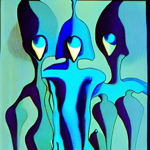 French surrealism animation art from 1970s, illustration of large blue alienoid creatures, mesmerizing, hallucinogenic tones, strange, creepy cutout style of animation of phantamosgoric giant blue alien with red eyes, Czech animation tradition, art by Roland Toper, Dali-esc environment, trance-like, Fantastic Planet aliens