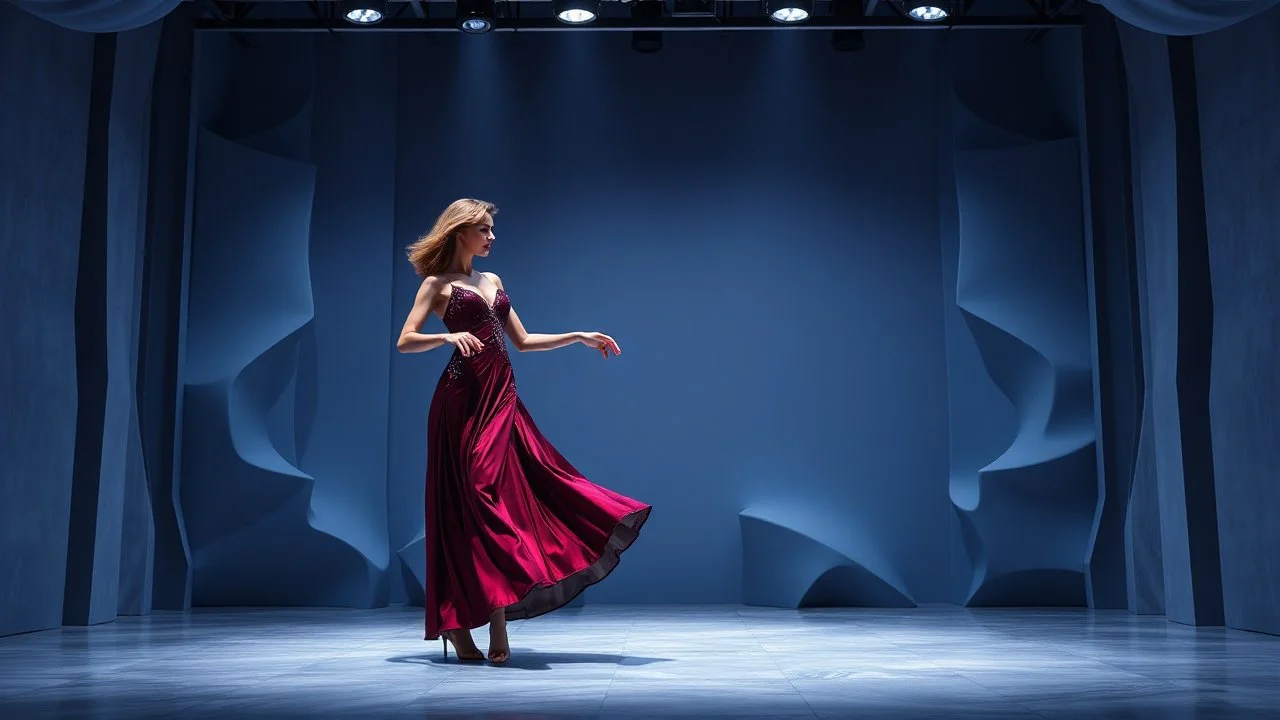 modern stage with gray-blue theme artistic decoration , color full dynamic lighting, a beautiful lady in modern maxy dark purple red dress with shining silver jwells dancing, 3D recursive fractal structure animating background