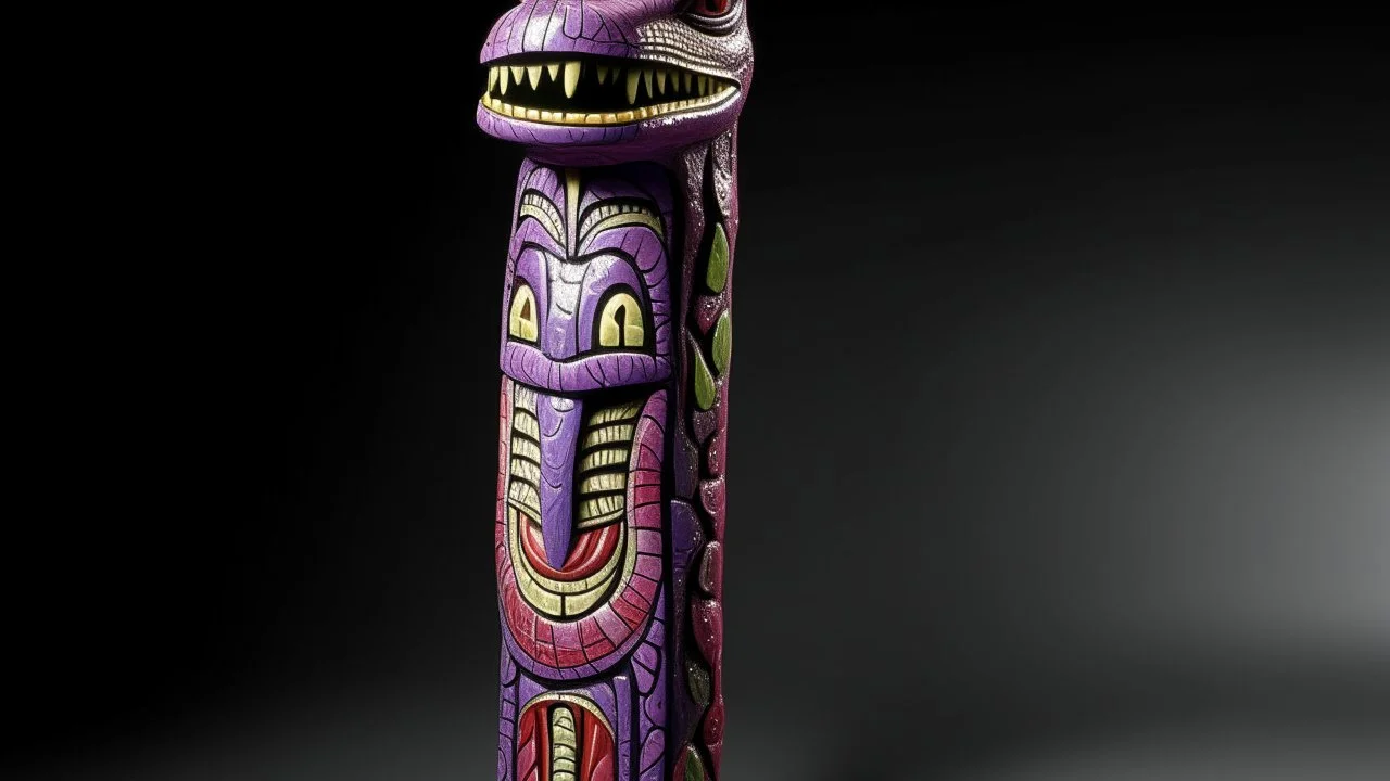 A purple shadow elemental crocodile designed in pacific Northwest totem poles painted by Andy Warhol