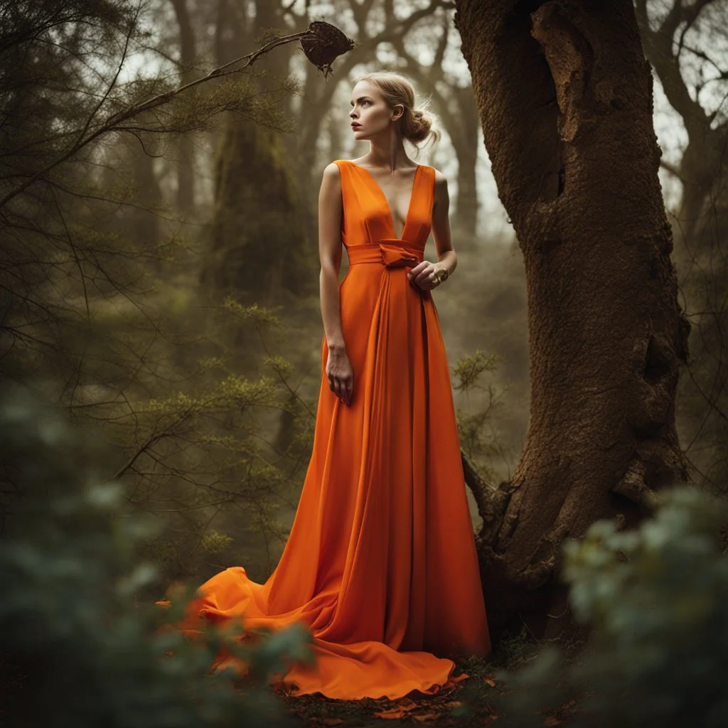 Photo of an odd being, bright colors, odd fashion, award winning photography, odd pose, trees, very accentuated details of the dress and skin, eerily mysterious, artistic photo, shot on Hasselblad, high definition, high resolution, 8k, 3d render, very detailed, F/2.8. Background ruins, after a war, noon-light, odd