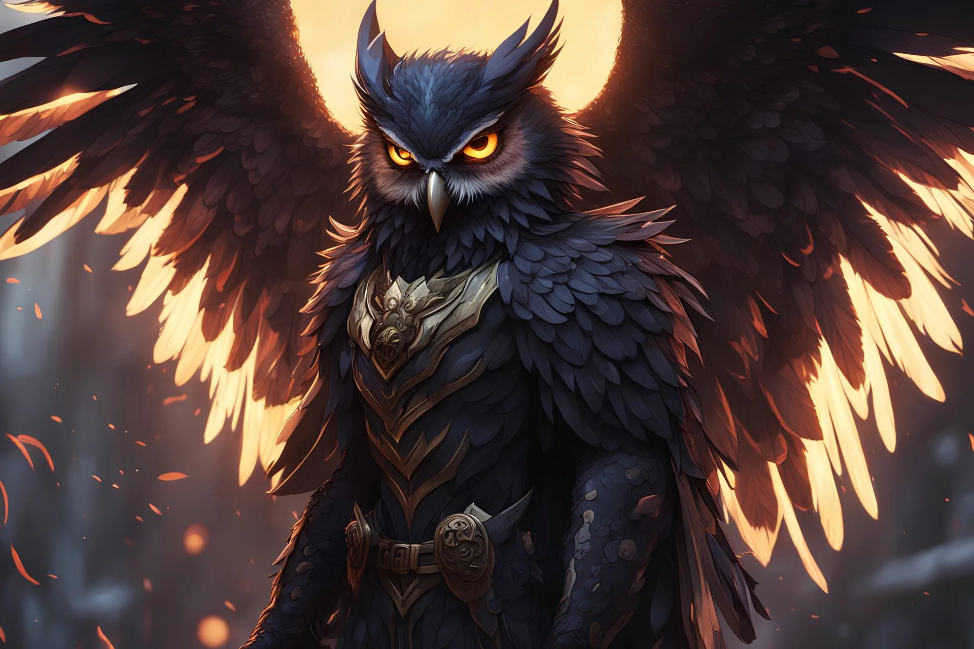 grendel in 8k solo leveling shadow artstyle, Owl them, neon effect, big wings, feathers, rain, full body, apocalypse, intricate details, highly detailed, high details, detailed portrait, masterpiece,ultra detailed, ultra quality