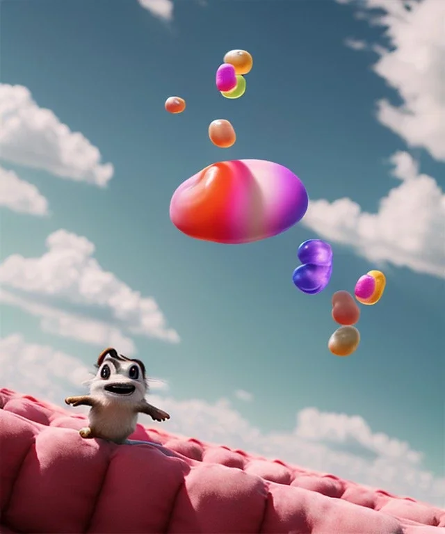 Ultra realistic speed clouds sky scene, wide angle view, sweet childs falling down, inflatable color clothing, free jumping flying, many trinkets, hair monster, many jelly beans, balls, color smoke, smile, happy, circus style, extreme, wind, clouds sea, 20,000 feet altitude, stratosphere, soft color, highly detailed, unreal engine 5, ray tracing, RTX, lumen lighting, ultra detail, volumetric lighting, 3d, finely drawn, high definition, high resolution.