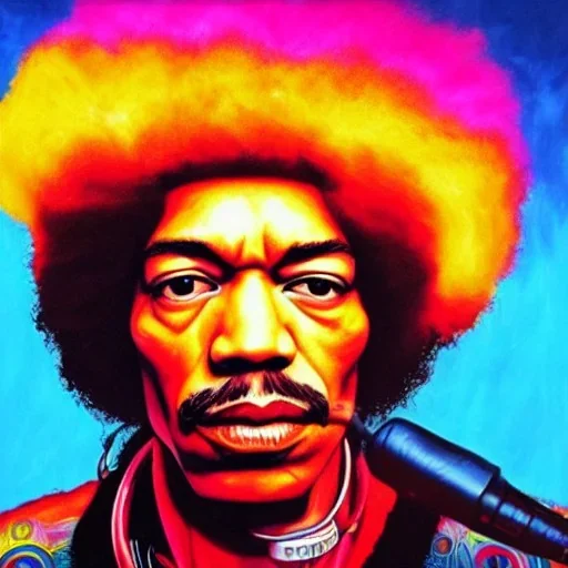 a realistic portrait of Jimi Hendrix at a turntable with headphones on being a DJ, vivid color