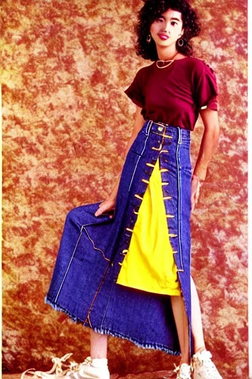 year 1996 denim fashion. Loose skirt, low waist. Colors: denim blue, blue, purple, cream, khaki, light green, lilac, plum, orange, terracotta, red, light yellow, lion yellow, pink, dark blue, beige. Gwen Stephani