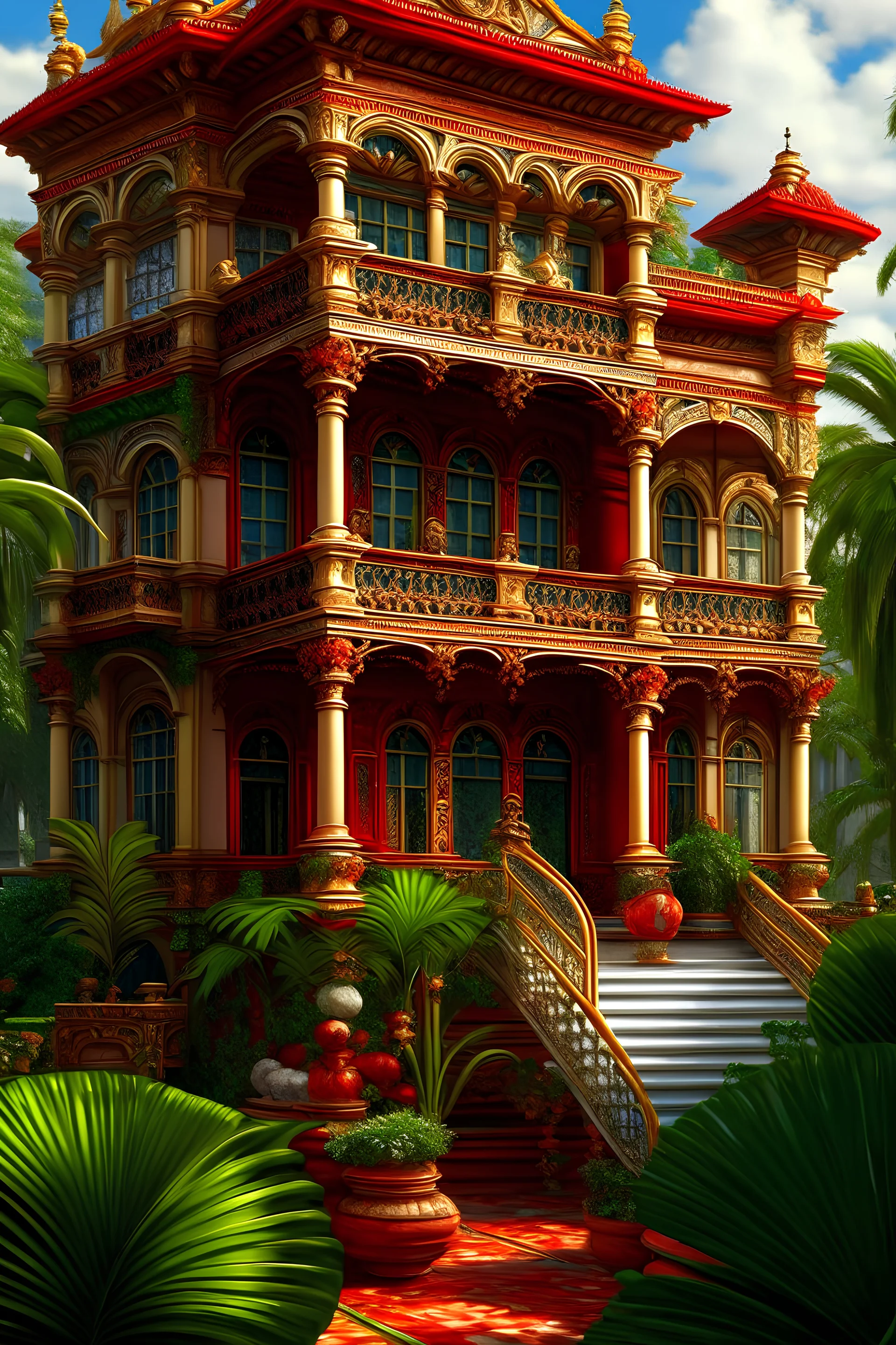 Ornate walls, intricate details, royal duplex house on a tropical island, red roof, high resolution, ultra-sharpness, super detail, Thomas Kincaid. elegant. confusing. 8k. oil on canvas. beautiful. super detailed . 4K 3D. very cute, Art Deco style. epic. impeccable quality, bright colors, Dominic Davison, Mark Ryden