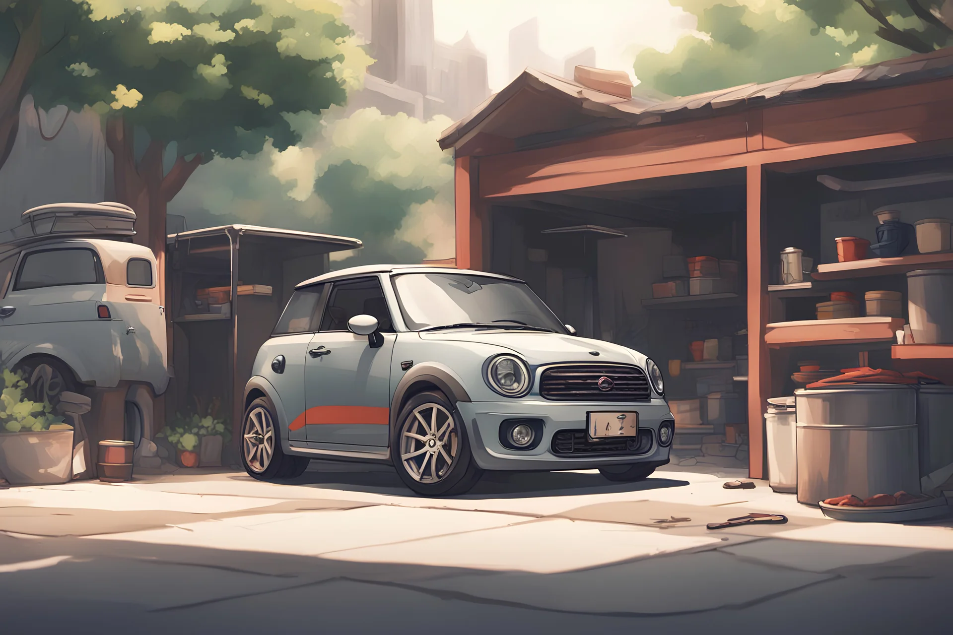 can you draw a cool garage and mini cooper s in the style of Kemono