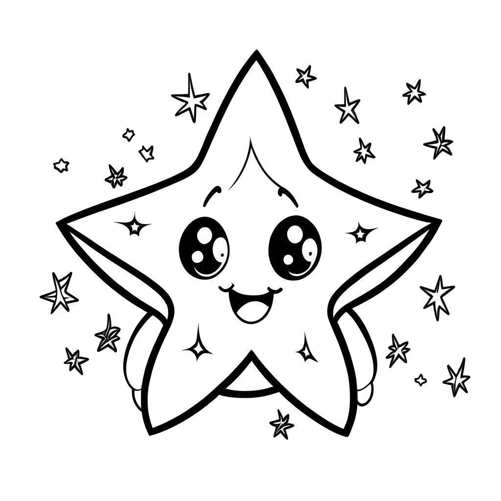 A black and white cute drawing of a Christmas star. Only outline, white background,for kids. The illustration should be in [SUPER SIMPLE], black and white, bold line art with a clear, mostly empty background. [INCLUDES ONLY OUTLINES WITH NO FILLED IN BLACK AREAS], ensuring no shading, no complex images, and making it very easy to color in between the lines.