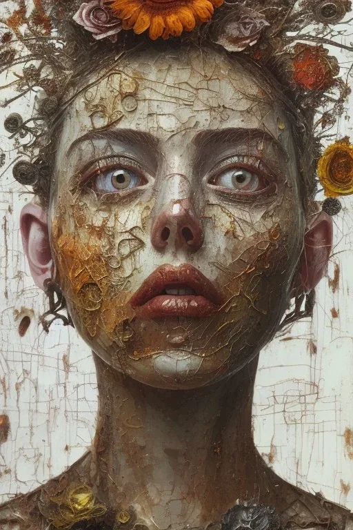 an abstract painting of rusted metal and flowers, by anselm kiefer and lucian freud, rust, scaffolding, iron cladding, decay, mixed media, textured, anatomically correct, beautiful perfect face, sharp focus, highly detailed