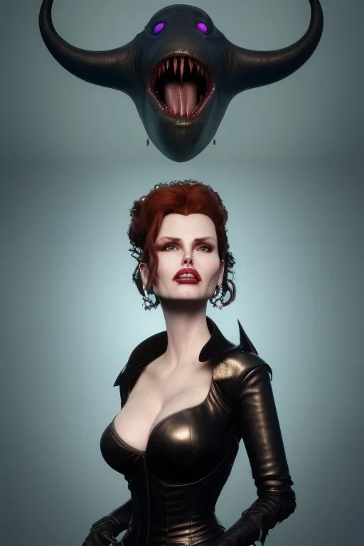 Geena Davis as evil queen in black leather, leather, busty, cleavage, angry, rage, stern look. character design by cory loftis, fenghua zhong, ryohei hase, ismail inceoglu and ruan jia. unreal engine 5, artistic lighting, highly detailed, photorealistic, fantasy