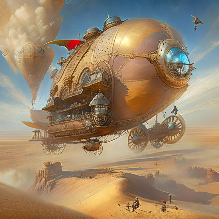 Create an image of a steampunk-inspired airship soaring over a vast desert, with a crew of adventurers on board.