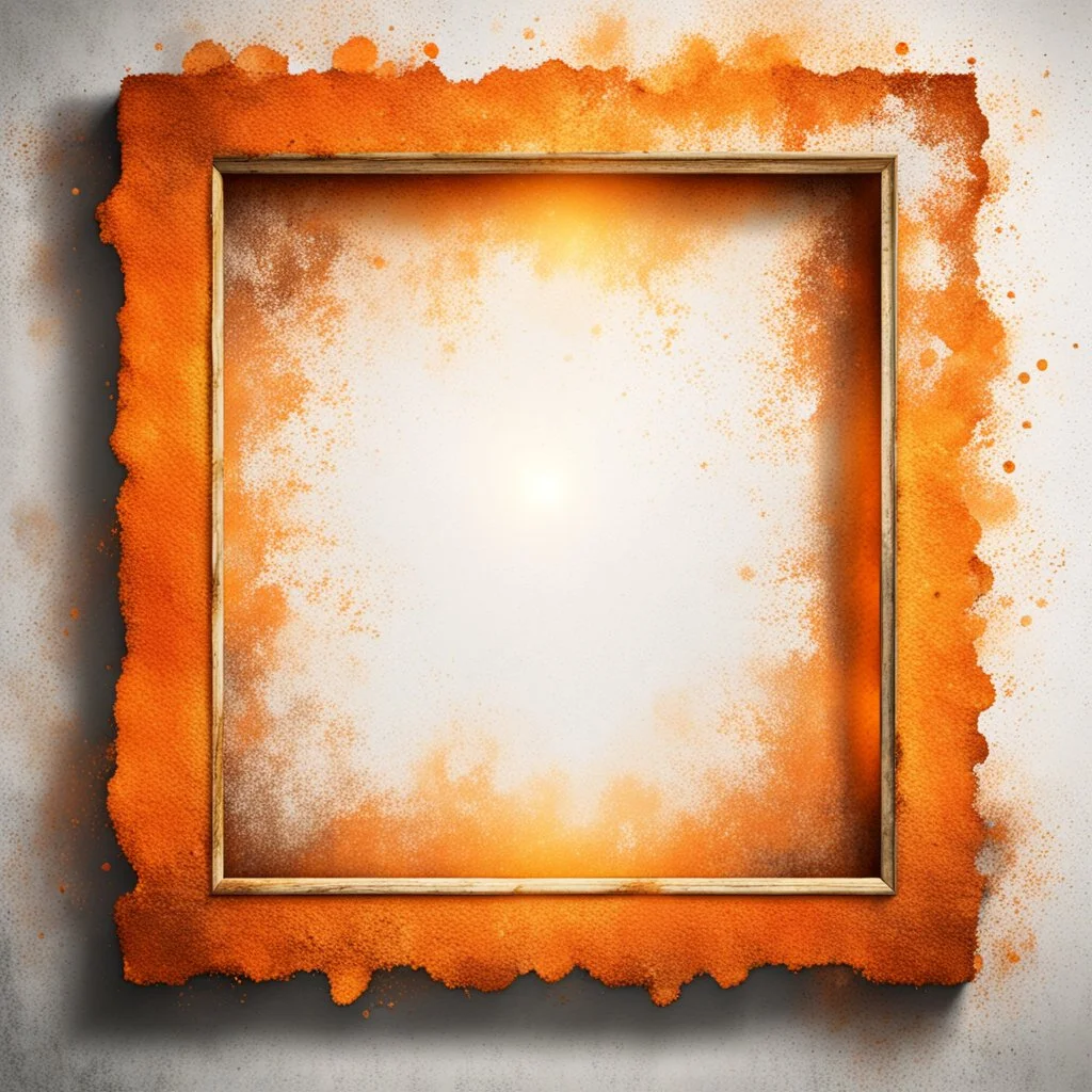 Hyper Realistic Light-Orange Grungy-Frame-Texture With Glowing-Golden Embers on Grungy Retro-Jet-White-Wall-Background.