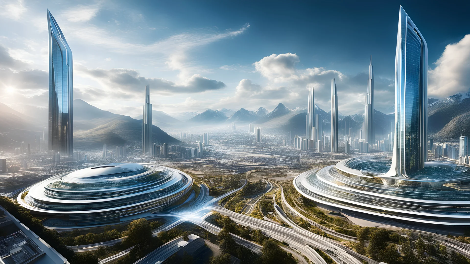 high-quality, extremely detailed photograph, futuristic cityscape in the year 2050, with advanced technology seamlessly integrated into the architecture and lifestyle of the inhabitants, award-winning photograph, beautiful composition, mountains, clouds, clear atmosphere, perfect focus, 80mm lens, adjust perspective, beautiful photograph