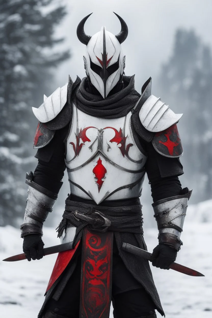 The character, depicted in a striking white armour against a wintry backdrop stands with his hands behind his back inside the scene, he has a red and black circular symbol on his chest like a shield, a black pointed spear with a red handle on his back, His eyes are showing a dynamic expression and he wears a black oni mask with white teeth covering the bottom part of his mouth he has brown shoulder pads and a white karate belt with a bag attached to it. He has dark brown hair. He has no helmet.