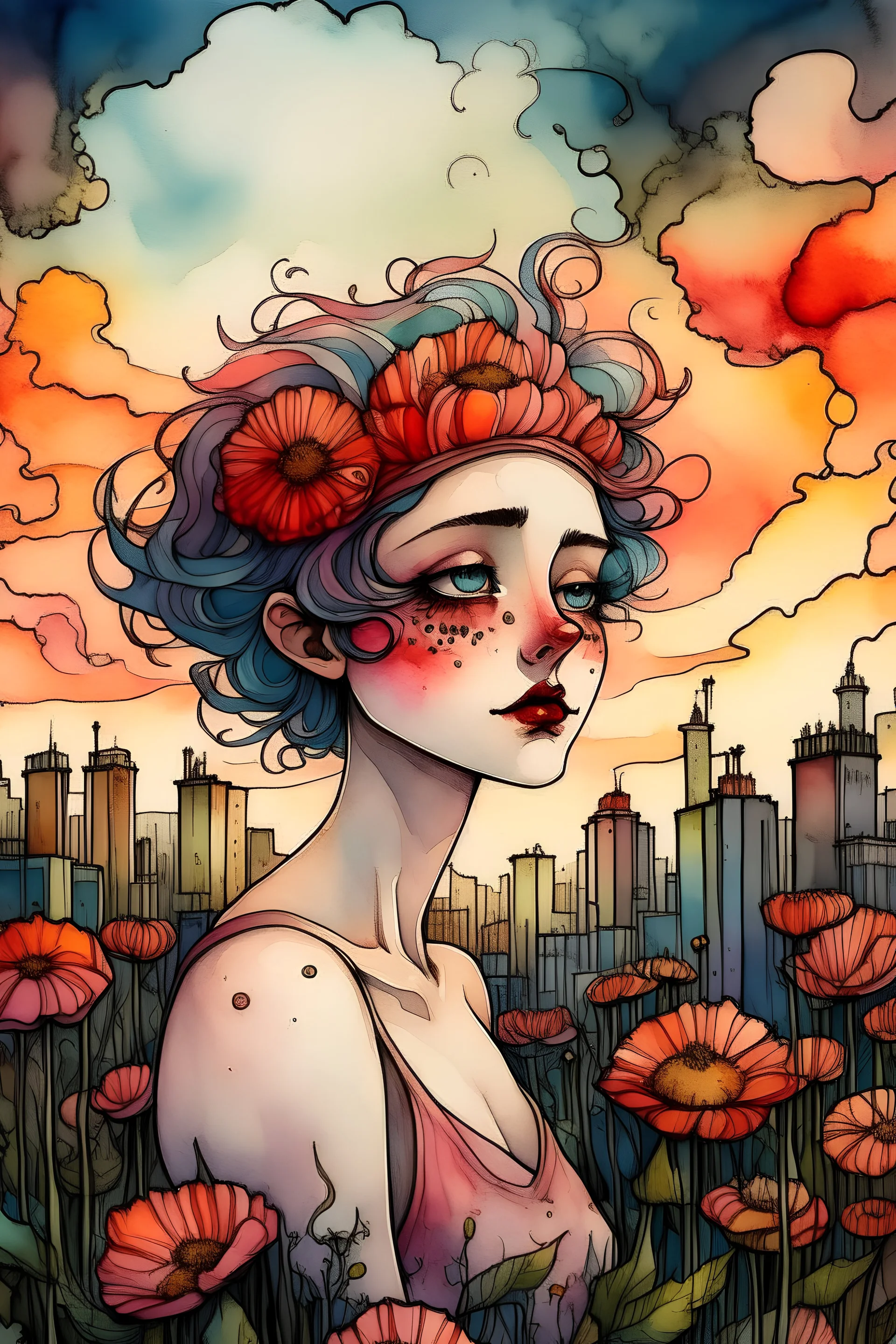 Adult woman, with (red eyes:1.7) wearing tank top with a crown of flowers, looking at the sky, city, surrounded by daisies and poppies, skyline, sunset colors, watercolor, ink, summer clouds, big rosy lips, rosy cheeks, vines, art by tim burton and MSchiffer, UHD wallpaper
