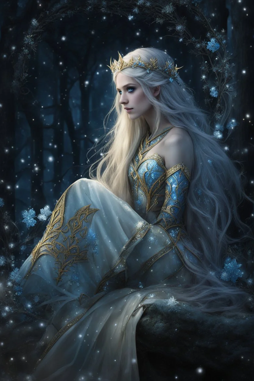 Elven princess,elven crown,long blonde golden hair,rapunzel hair,ice flowers,beautiful,light blue,dark blue,golden armor,sparkle,glitter,ice flowers,snow,elven ears,dark fairy princess