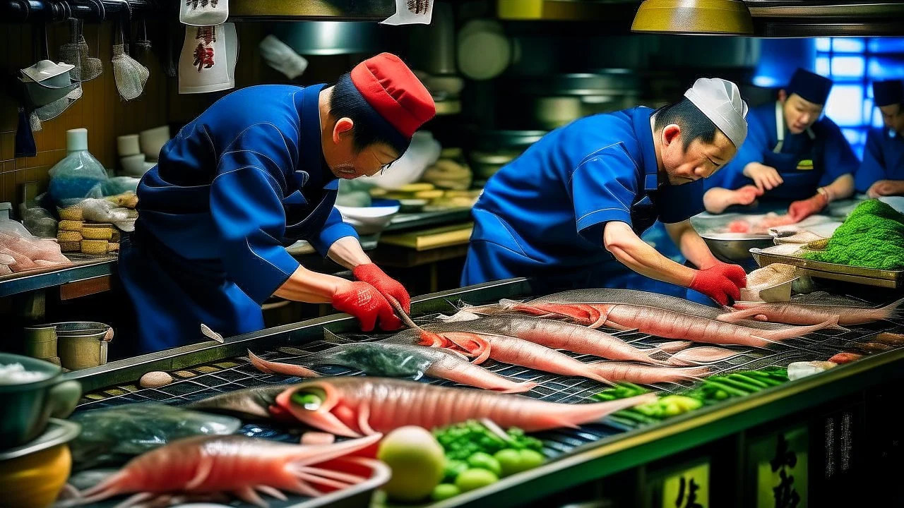 Professional chefs cleaning and cutting fresh seafood at Tsukiji Fish Market in Tokyo, Japan. The photo should capture the busy atmosphere of the market, with colorful arrays of seafood, knives, and cutting boards prominently featured. The composition should be balanced and aesthetically pleasing, with an emphasis on natural light and vivid colors.