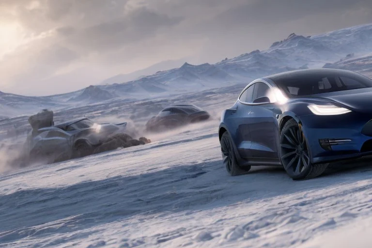 A Tesla 'Model S' is racing at top speed, on the planet 'Hoth'. CINEMATIC. WIDE ANGLE LENS. PHOTO REAL.