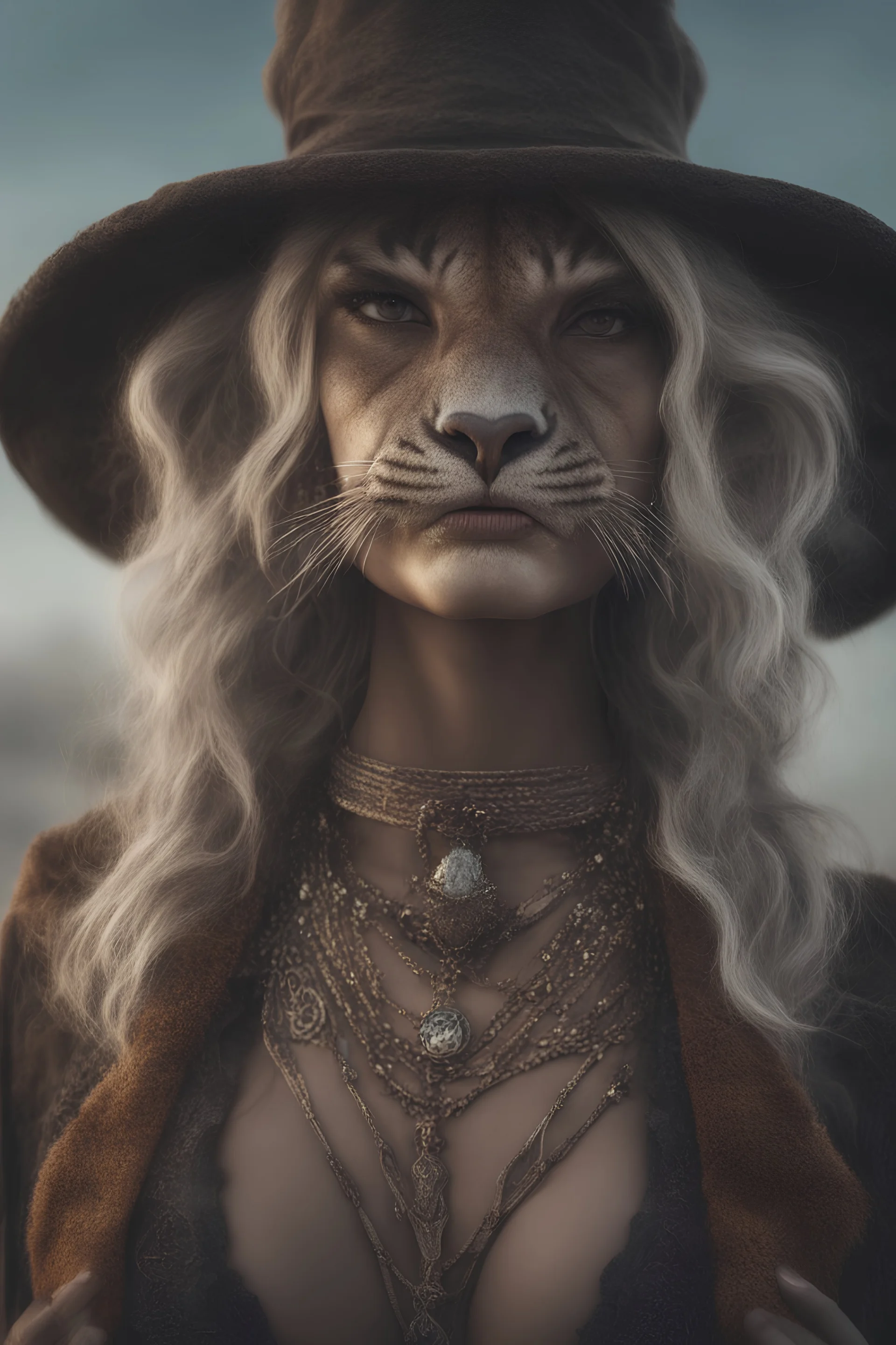 Stunning beautiful magician model sorceress with long canines teeth, mutant woman half sabertooth tiger, fog desert mist at dawn background, by lee jeffries, otherworldly creature, fantasy movies, photorealistic, bokeh masterpiece smooth shading, ultra detailed, high resolution, cinematic, subtle shadows, 8k, cinema 4d, HDR, dust effect, vivid colors