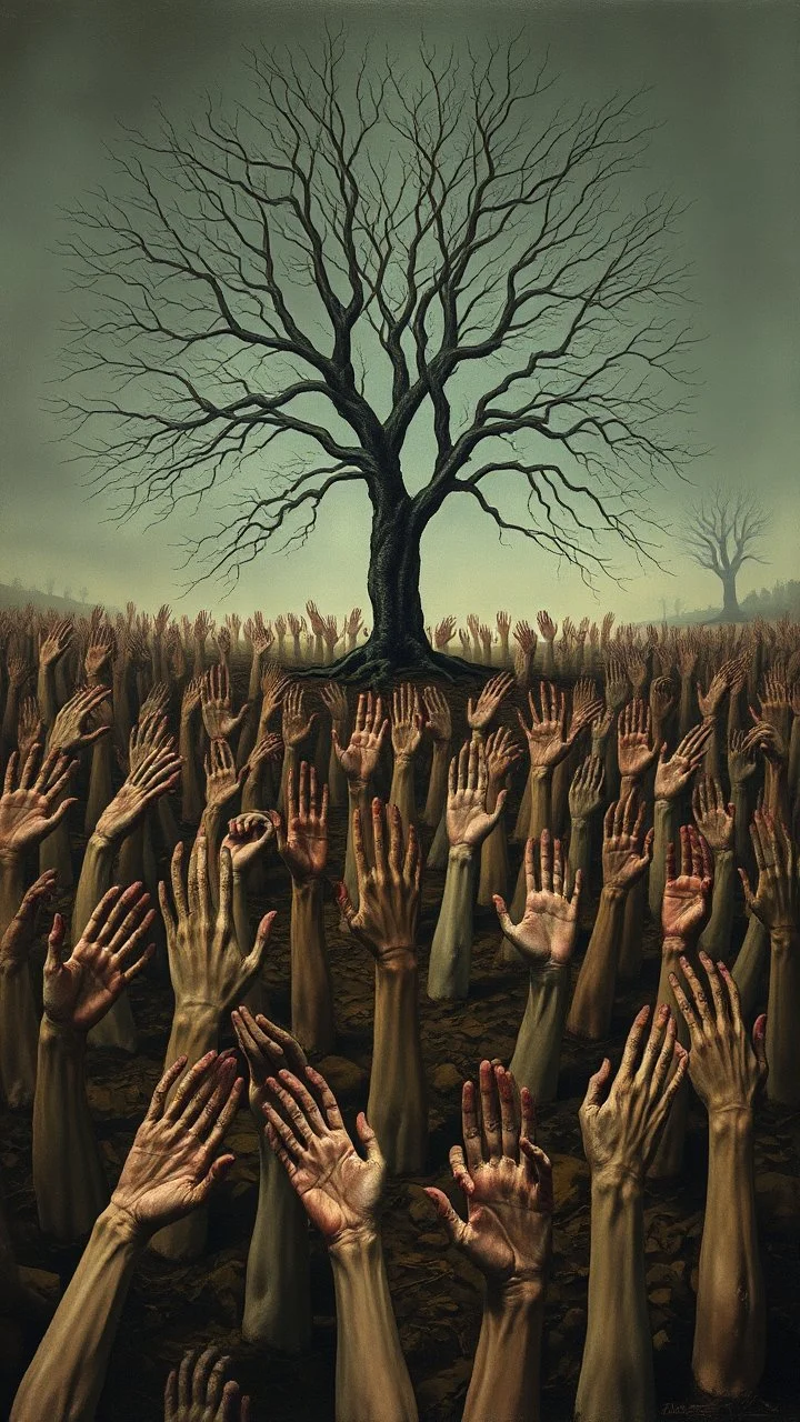 a field of thousands of hands of bodies buried in the ground not visible, horror, hands in different shapes coming out from the ground towards the sky , surrounded by a tree without leaves,Busch painting style nightmare