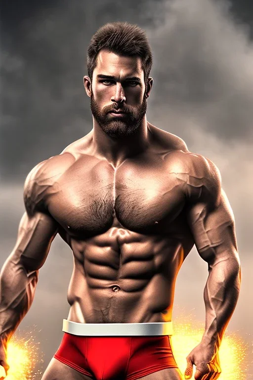 Ignore NSFW, teenager young rugged attractive slightly muscular fantastic handsome man, red briefs with yellow belt, hairy chest, (((visibly pisssing))) briefs, large erect visible boner peniss, photorealistic, artist Jay Anacleto, soft lighting, scruffy beard