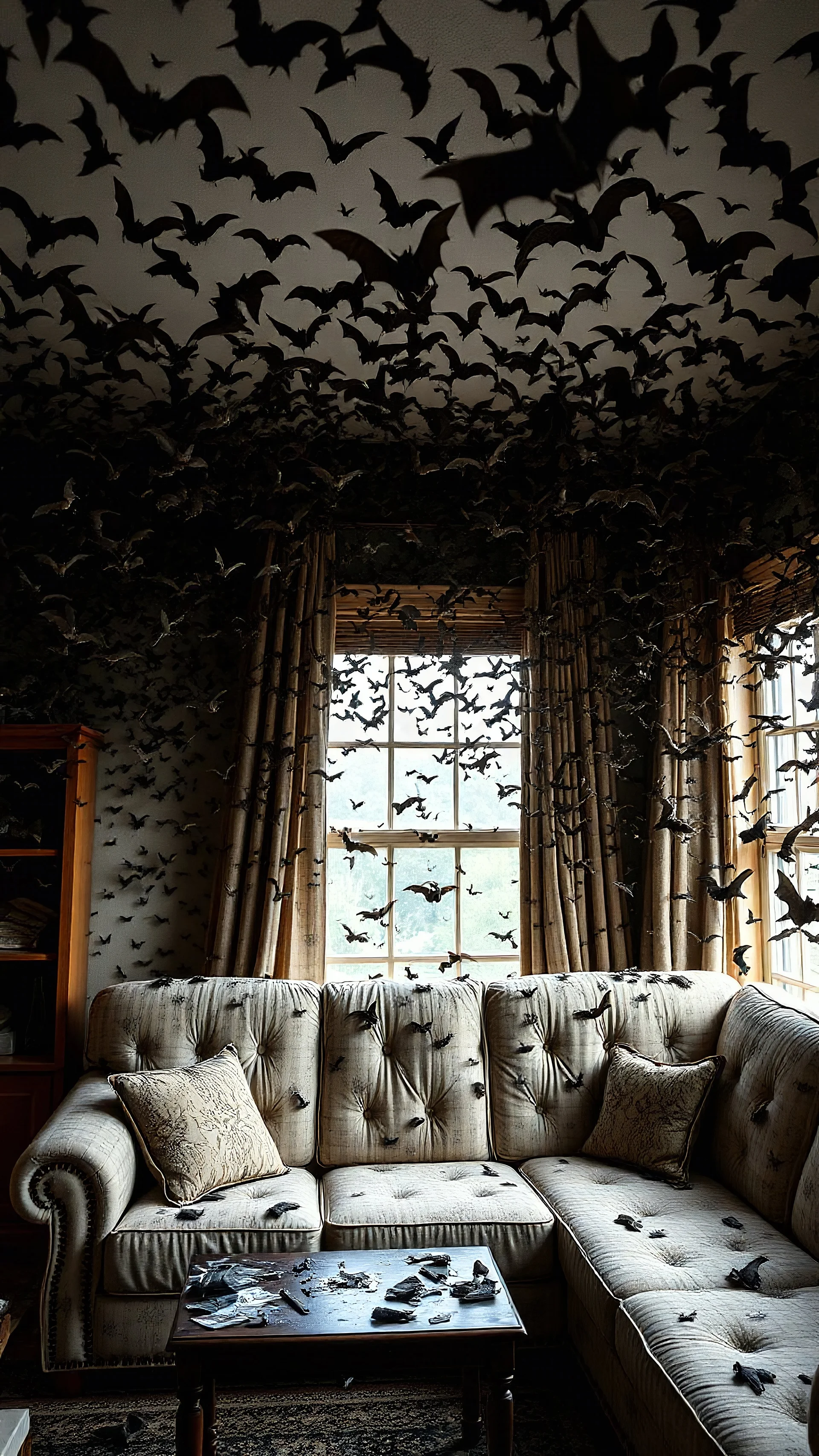 A room with furniture full of thousands of bats everywhere , on a the walls , ceiling, on the couches and furniture coming from windows and broken glass of the window