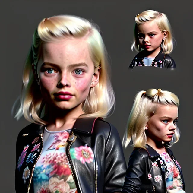 Margot Robbie toddler, full size, leather jacket, floral shirt, floral skirt, shoe, soft skin, dramatic lighting, hyper realistic