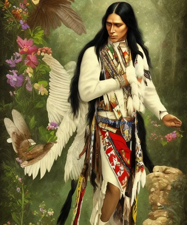 chaman, native american warrior, mature, long black hair, black fabric coat like wings