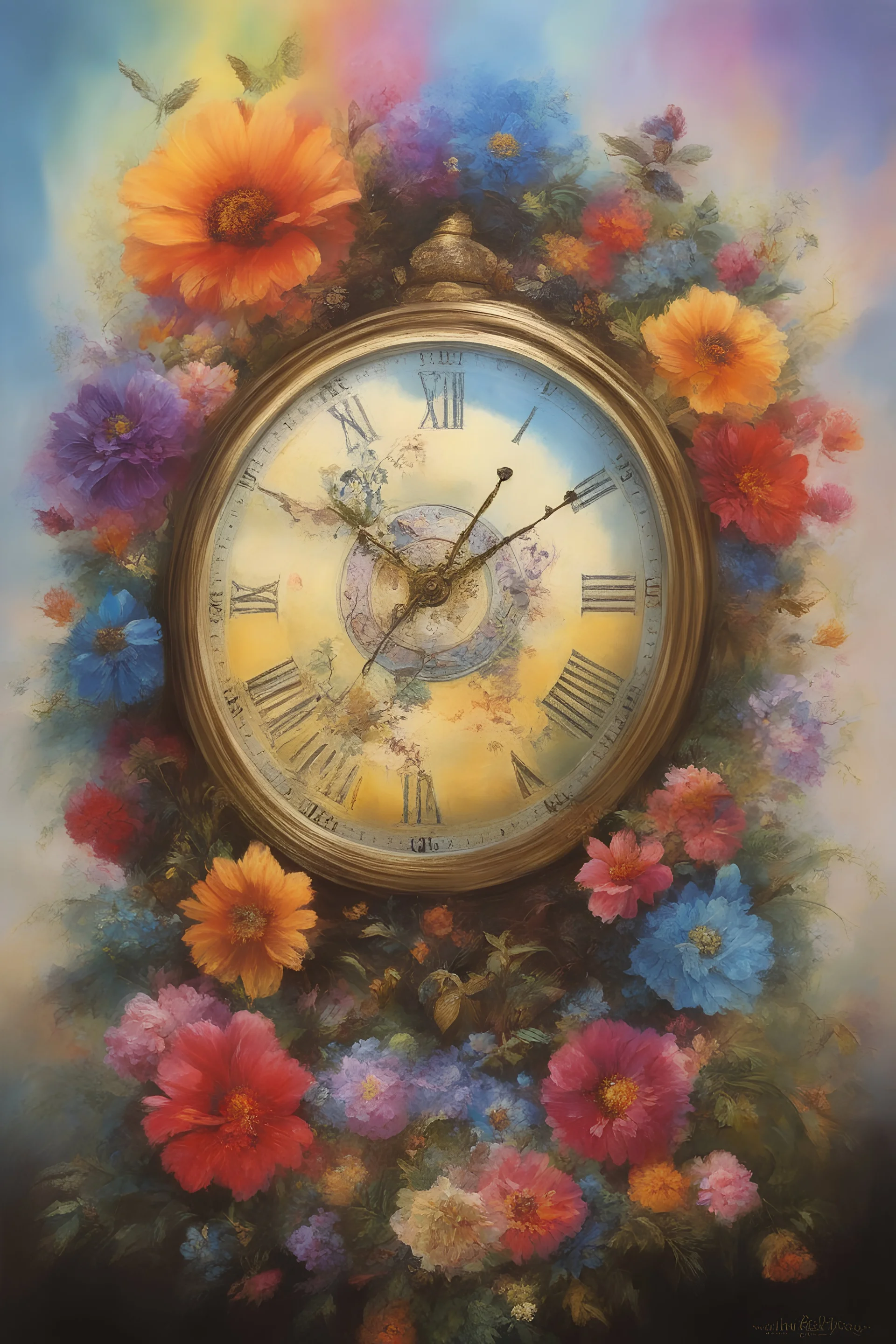 Paul Stanley/Elvis Presley/Keanu Reeves/Jon Bernthal, Hickory Dickory dock what a wonderful looking clock, multicolored, large, Floral/rainbow designs, atmospheric, beautiful, oil painting by Boris Vallejo, 4k UHD, Photorealistic, professional quality