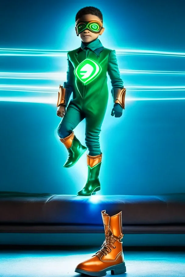 the flash fan and is a kid with emerald lighting symbol and blue suit and orange boots