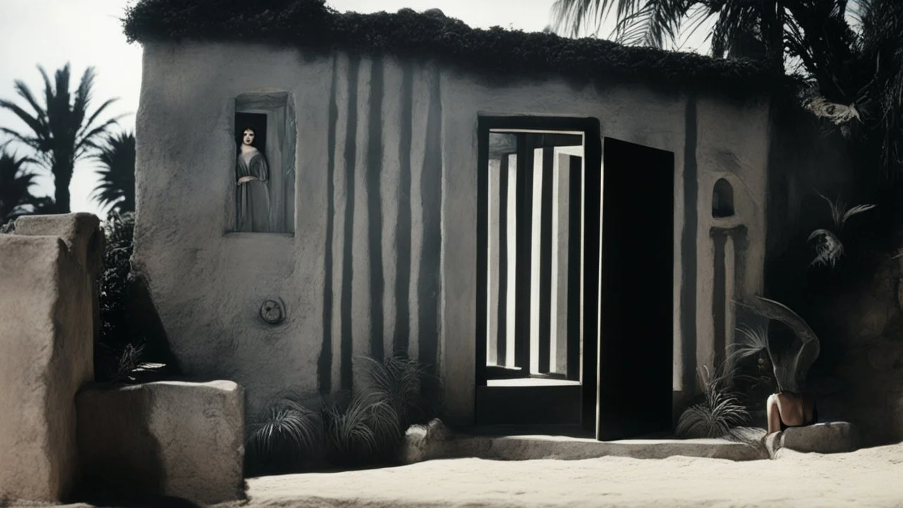 [colour helmut newton 1960’s stop-motion animation style the small Jesus house near Bethlehem] a 70s advertisement video TV featuring In the corner, a figure emerges from the shadows. It's Maria Magdalena in agent provocateur, her eyes gleaming with a mixture of allure and danger. She moves towards you with a grace that captivates your every sense, drawing you in like a moth to a flame as a claymation character toy from a claymation horror movie in burning rainbow land, from hell, creepy Videos