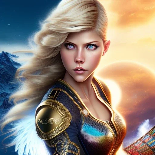 Katheryn Winnick, Cyborg anime warrior, light blonde short hair, pixie hairstyle, cobalt eyes, waist up portrait, 8k resolution, retroanime, intricate details, ornate details, soft lighting, vibrant colors, masterpiece, intricate eyeliner, dark eyeshadow, eyes, intricate tattoos, gradient background