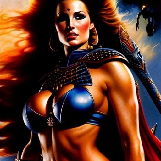 portrait oil on canvas,beautiful busty Female Warrior, minimal armor,comic book cover, mystical colors,insanely detailed,realistic,intrincate detail, 16k resolution, masterpiece,Simon Bisley,Frank Frazetta,Alex Horley,ARTHUR ADAMS