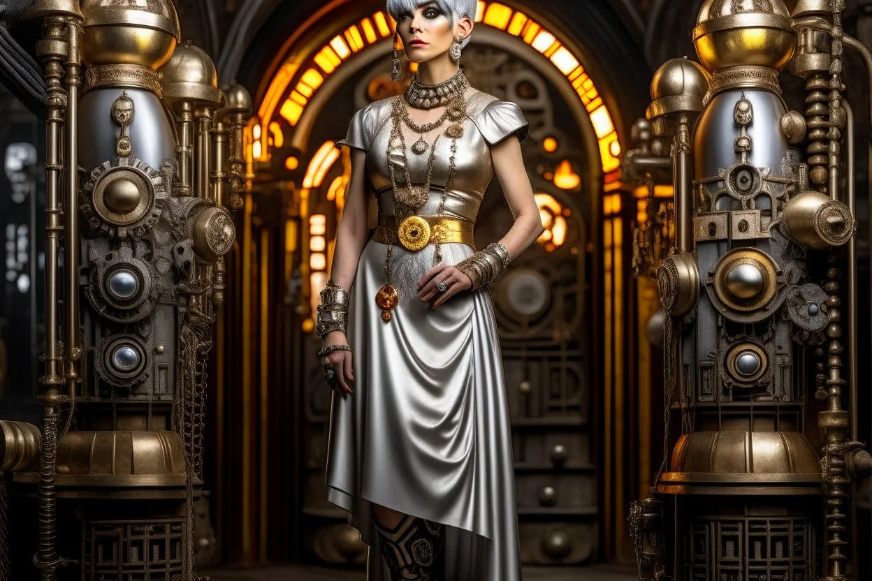 full body and headshot of a skinny Cleopatra, with a silver bob hairstyle, standing in a steampunk setting.