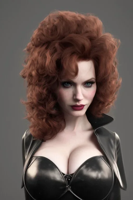 Christina Hendricks as evil queen in black leather gown, feminie, angry, stern look on her face, volouptous, busty, cleavage, emperious, mature unreal 5, octane render,cinema4d, dynamic lighting, dramatic lighting, 4k, redshift render, highly detailed, hyper realistic, in space