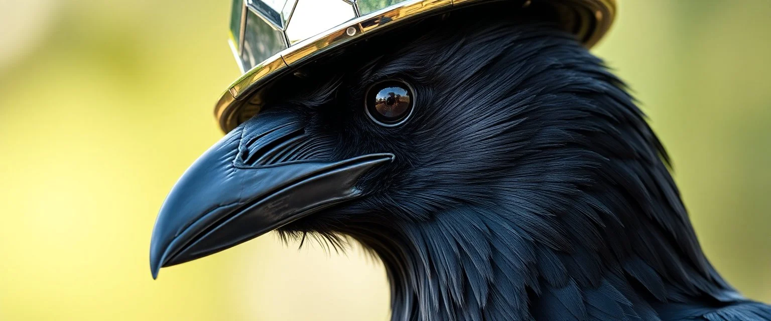 crow dad, faceted portrait, wearing mirrror hat