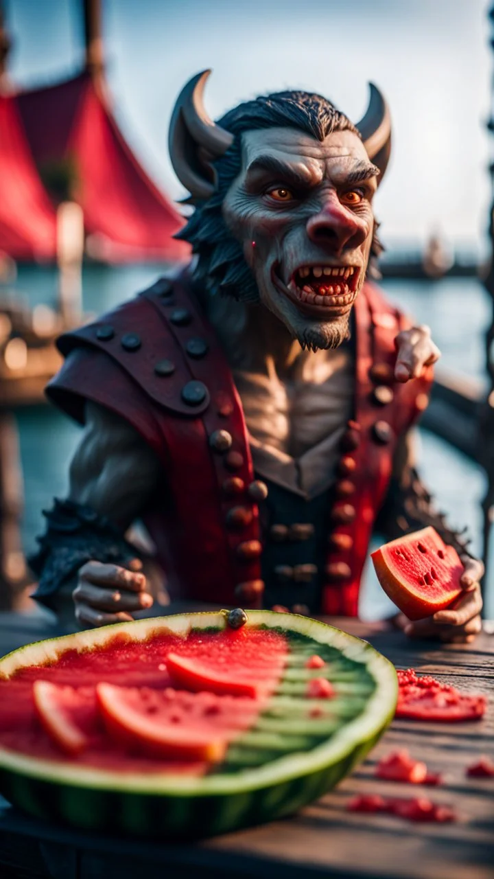 portrait of a vampire werewolf eating watermelon and the blood of fish on a viking ship, on a glass pier ,bokeh like f/0.8, tilt-shift lens 8k, high detail, smooth render, down-light, unreal engine, prize winning