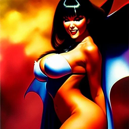 portrait oil on canvas, beautiful booty busty Vampirella, minimal armor,comic book cover, mystical colors,insanely detailed,realistic,intrincate detail, 16k resolution, masterpiece,Frank Frazetta,Alex Horley, Simon Bisley,