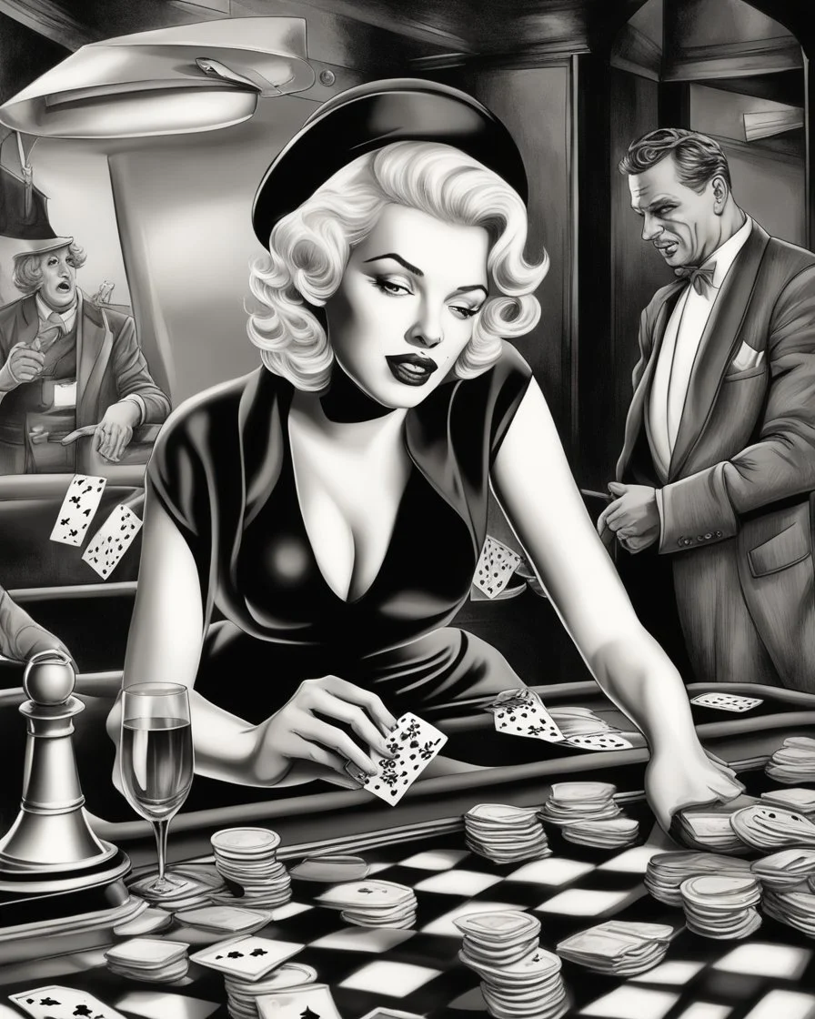 awesome mc escher illustration black and white style beautiful woman marilyn monroe playing poker smoking hip hop gangster hat chasing dragon, (illustration: 1.3), masterpiece, awesome illustration