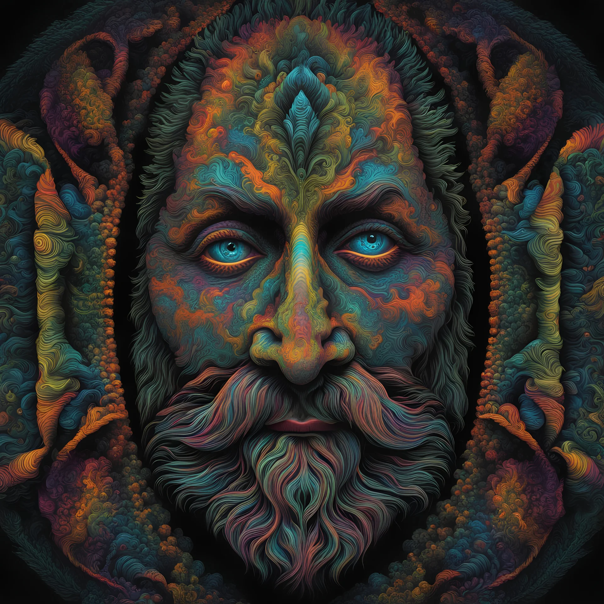 T-shirt design graphics on black background, Parametric structure, vivid colors, fluorescent, DMT, bioluminescent, frontal bearded man Head in mandelbrot style, Escher style, intricated details, cyberpunk, few colors, surreal, symmetrical, high contrast