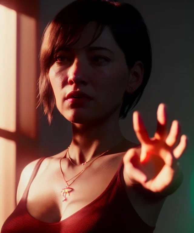 Ultra Realistic image, photo studio, medium shot view, a woman making the fuck off gesture, soft color, highly detailed, unreal engine 5, ray tracing, RTX, lumen lighting, ultra detail, volumetric lighting, finely drawn, high definition, high resolution.