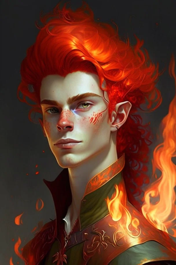 A teenage half-elf man, his hair is like red flame, flirtatious, fancy clothing