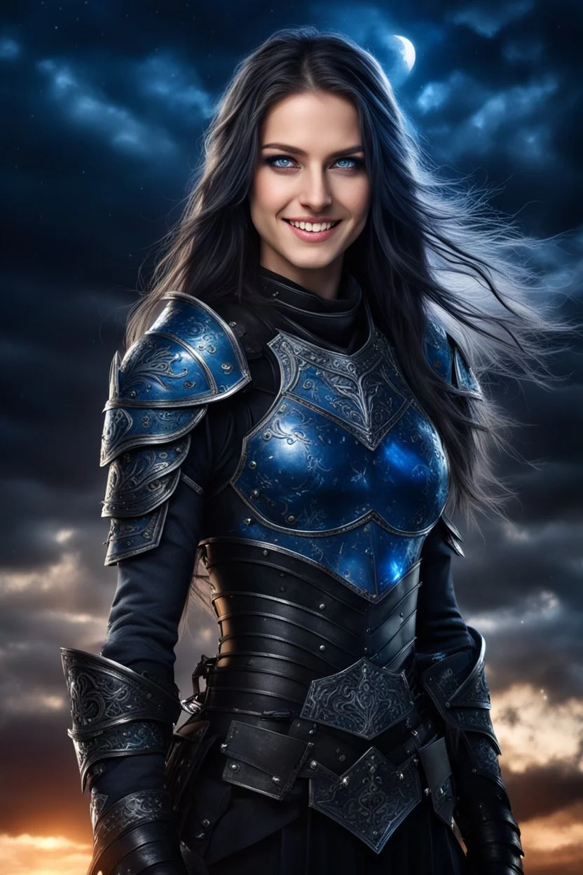 pretty young girl, good body, greath blue eyes, blue long haired, dressing a black armor, smile, intense look, darknight sky background.