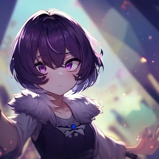 Clear focus, High resolution, A anime kid, cute, rough line skecth, hard shading, stars around 1girl, short dark cyan hair, fluffy short fluffy cut, purple eyes, hair covering both eyes, detailed hair lots of hair