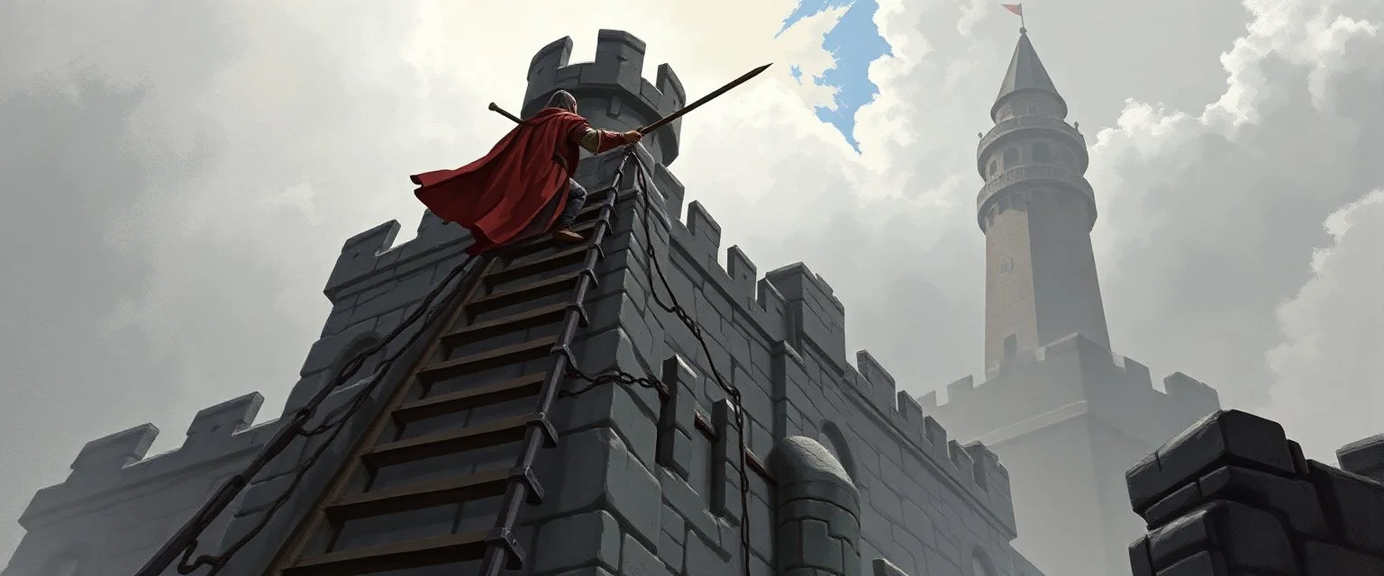d&d illustration, Stigen opp i borgen virker stabil, men skjelver. Neste steg?x "Forsterk med en pinne", Ogren godkjenner improvisasjonen din. hero in ladder