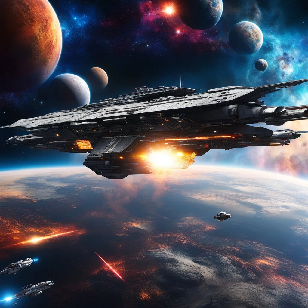 full length picture featuring an advanced and imposing futuristic spaceship warship aircraft carrier , set against a dramatic cosmic planets backdrop with vibrant nebulas and starfields. Enhance the visual impact by including dynamic lighting effects, such as glowing engines or weapon systems, and add smaller spacecrafts engaged in a high-speed chase or battle to convey a sense of action.